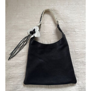 Black Leather Tote Bag with cute leather flower